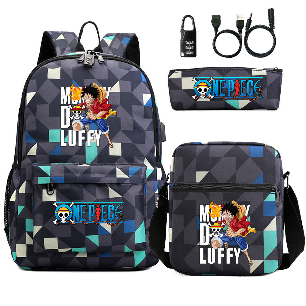 Cartoon One Piece USB Password Lock Backpack Set