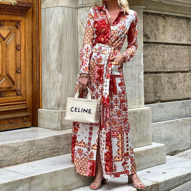 Printed Lace-Up Long Dress for Women