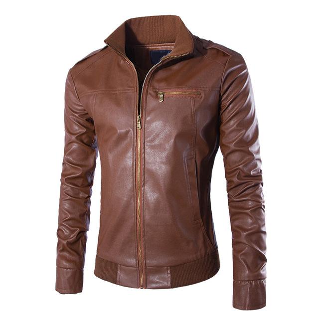 Men's Fashion Leather Jacket with Stand Collar