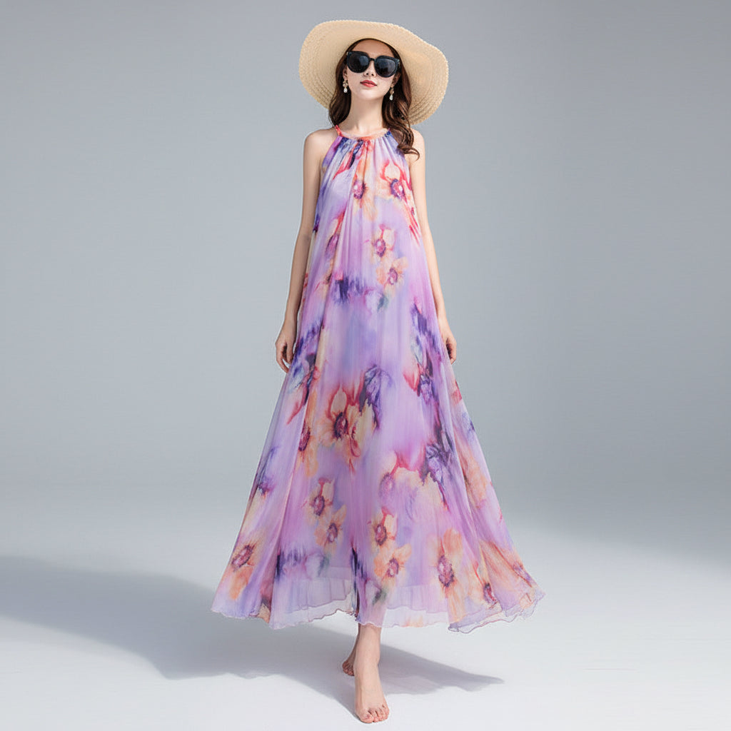 Woman in a floral dress and sun hat on a boat with water and sky in the background