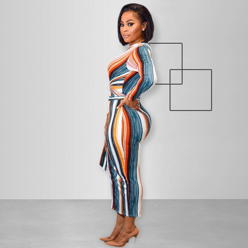 The Hiver Striped Long Sleeve Midi Dress | Evarisluxe