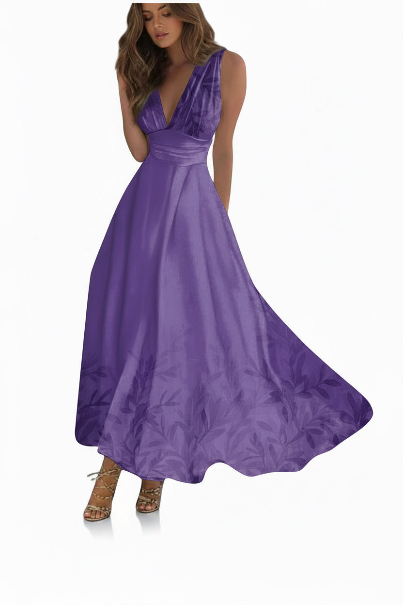 Purple dress with floral pattern on a white background