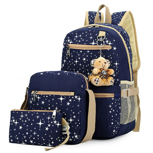 3-Piece Korean Style Cotton Canvas Backpack Set