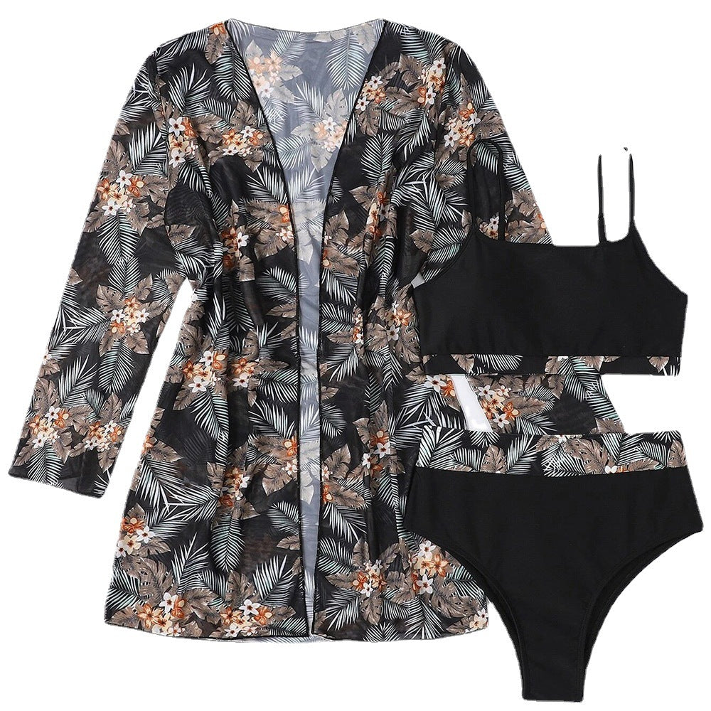 High Waist Women's Three-Piece Swimsuit Set with Cover-Up