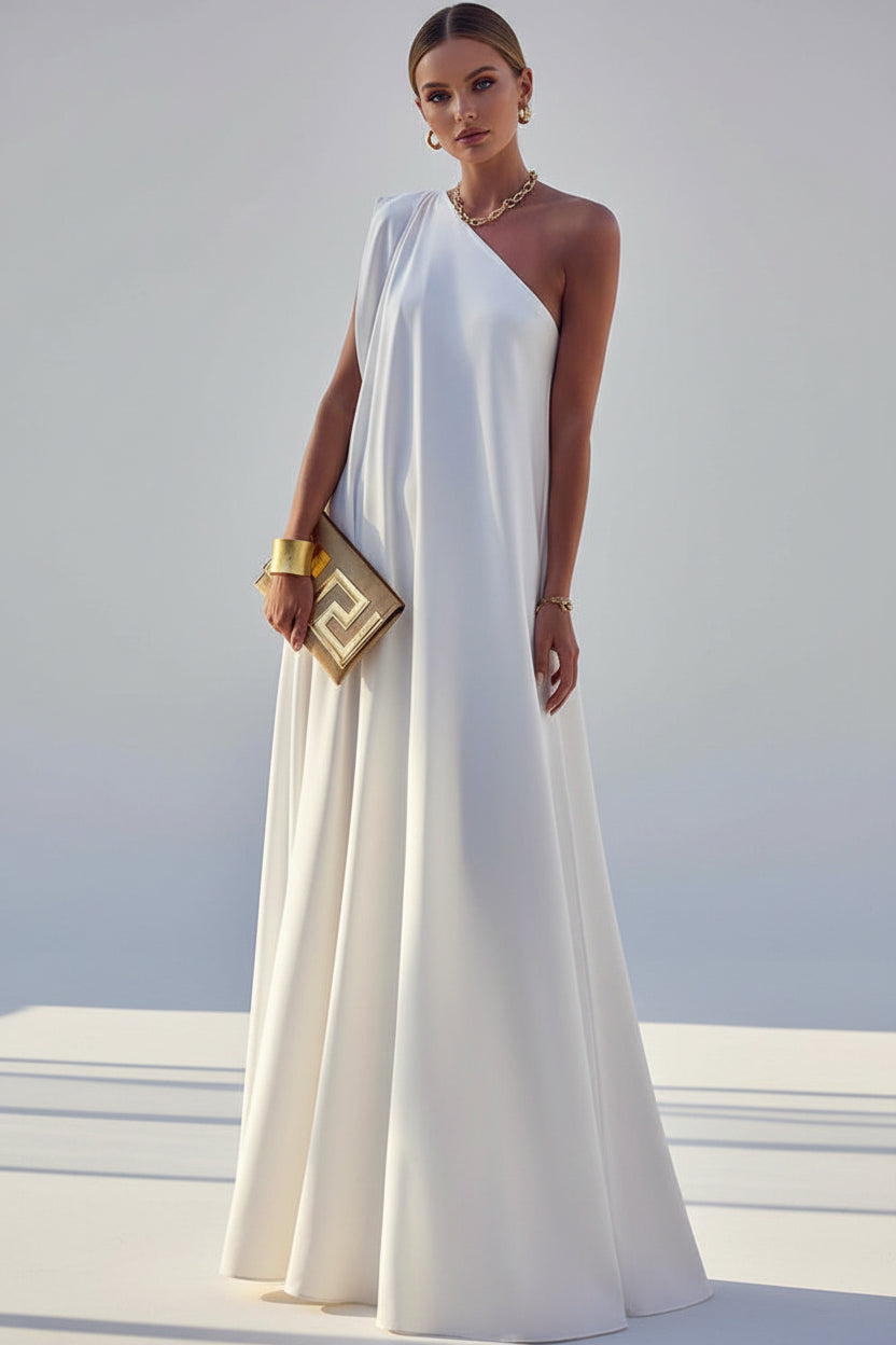Three images of a person wearing one-shoulder dresses in white, black, and green with a scenic background.