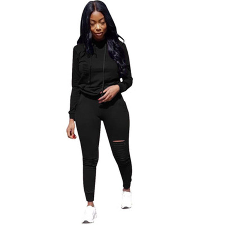 Women's Solid Color Floral Hoodie Two-Piece Set