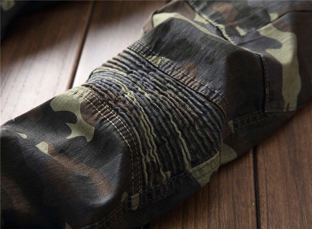 Slim Fit Camouflage Cargo Jeans for Men in Army Green
