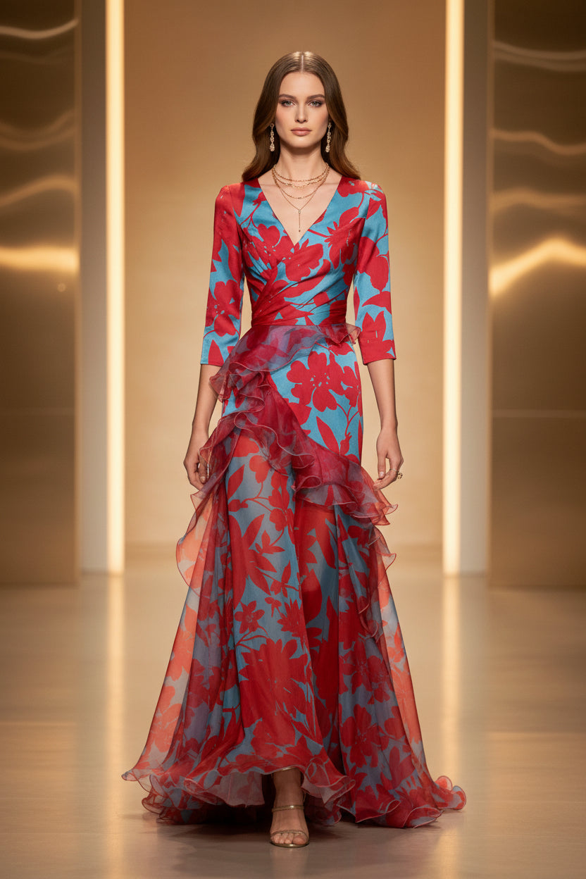 Woman wearing a vibrant floral dress on a dark background