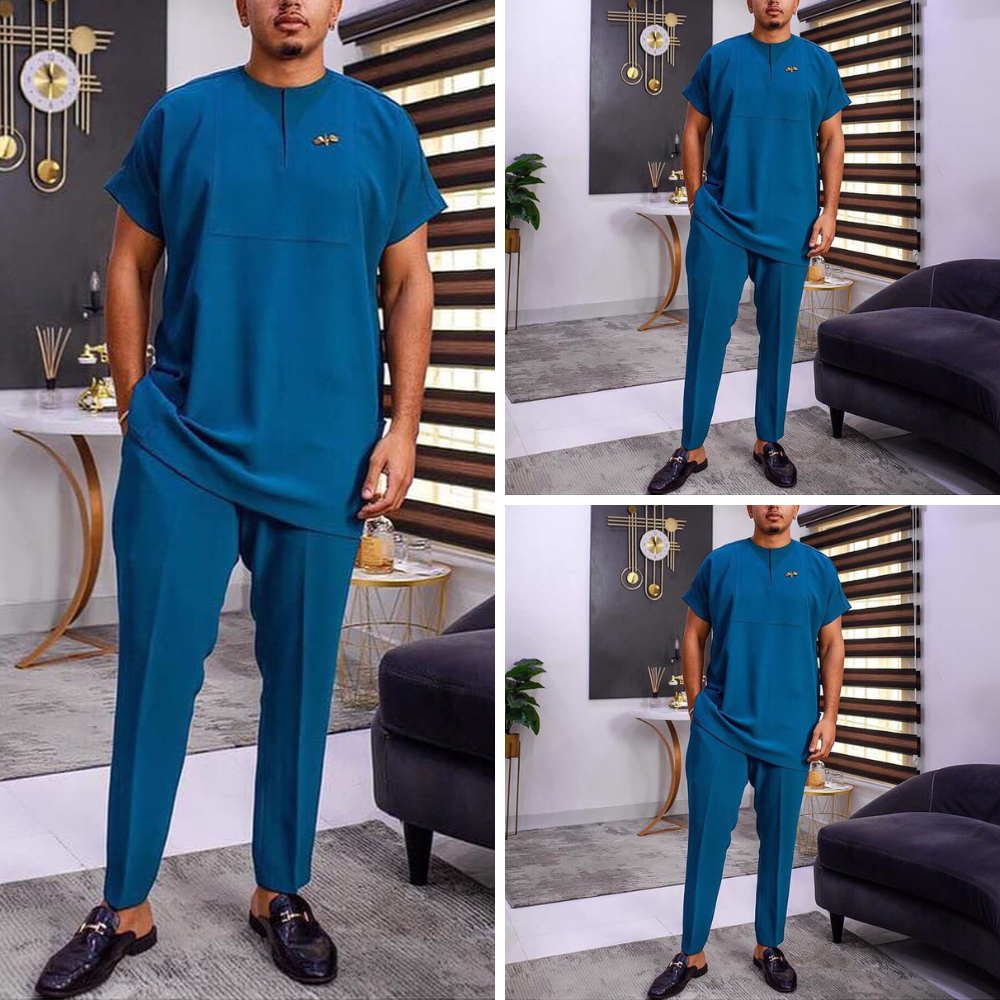 Men's Two-Piece Solid Color Short Sleeve Suit Set
