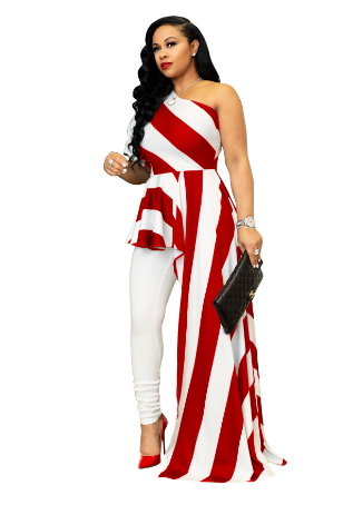 Oblique Shoulder Striped Long Dress for Women