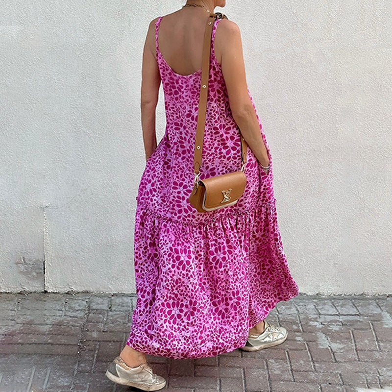V-neck Printed Suspender Dress for Women