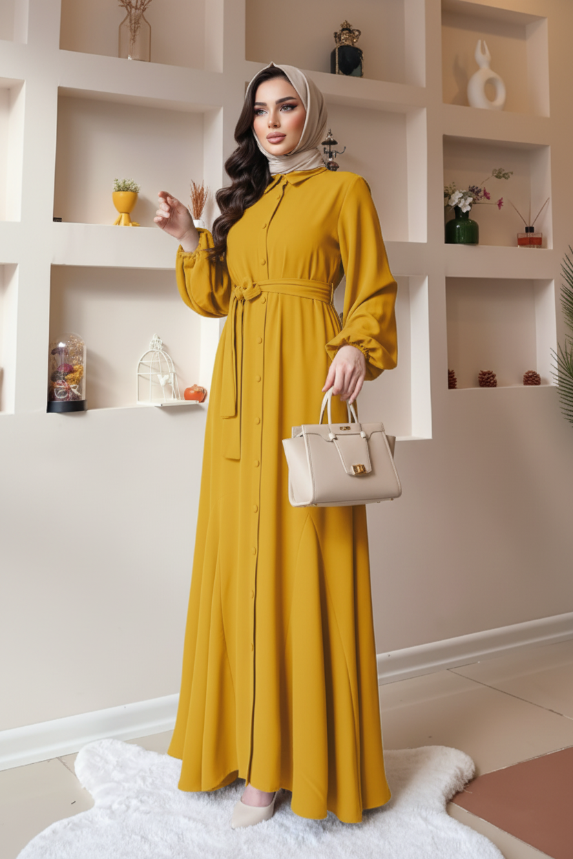 Person wearing a mustard yellow dress holding a white handbag indoors.