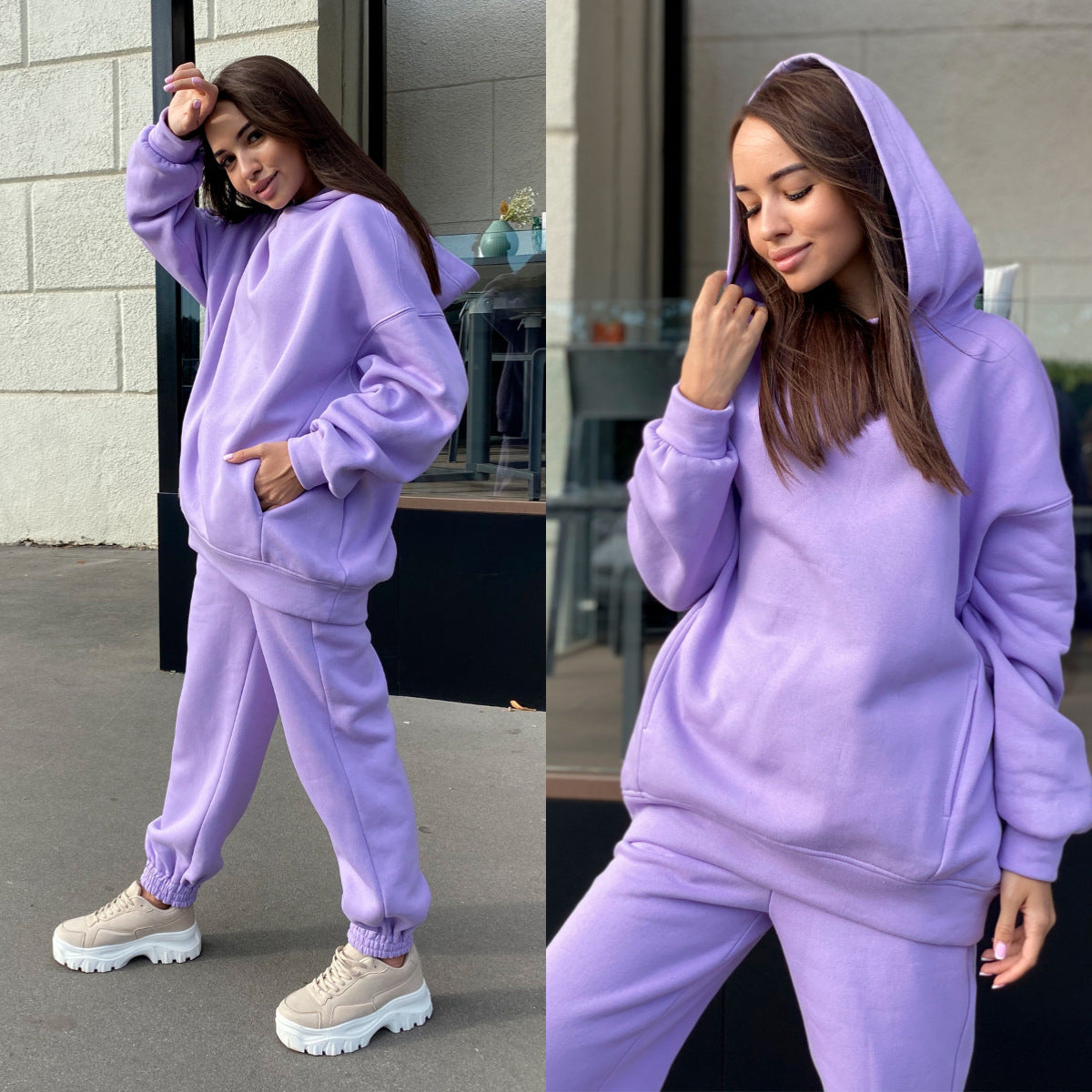 Fashionable Solid Color Hoodie & Casual 2-Piece Set