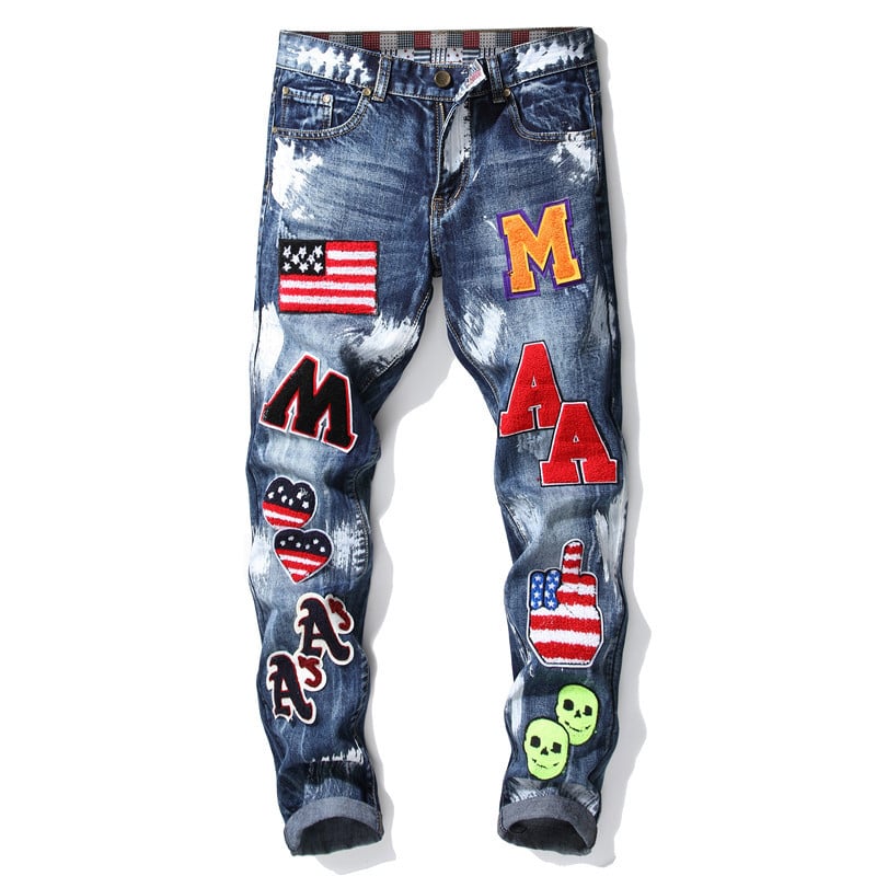 Embroidered Flag Badge Slim Fit Jeans for Men