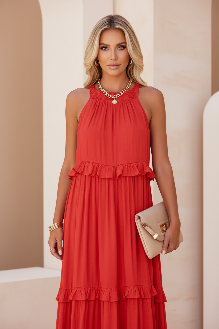 Woman wearing a red dress with ruffled layers against a stone wall.