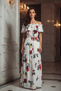 Floral off-shoulder dress on a white background