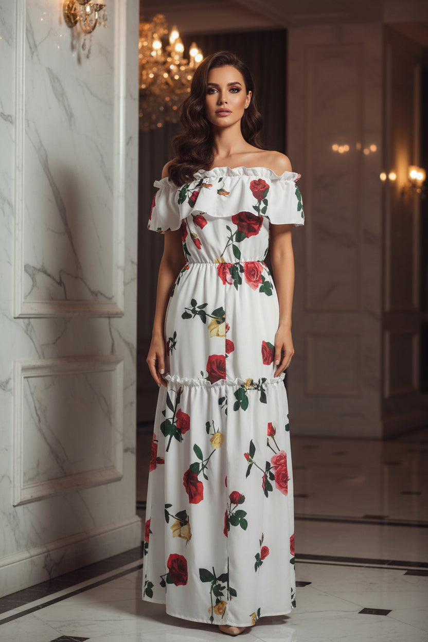 Floral off-shoulder dress on a white background