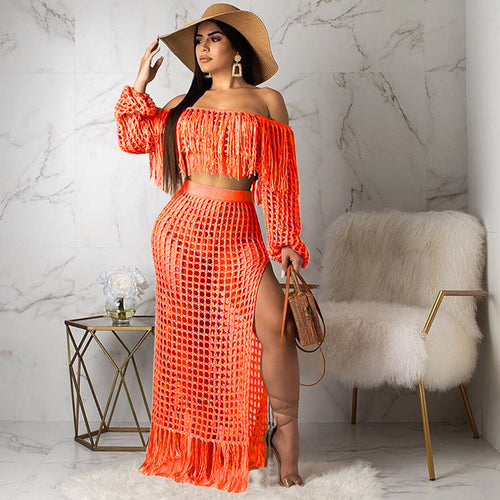 Casual Fringe Beach Skirt Two-Piece Set for Women