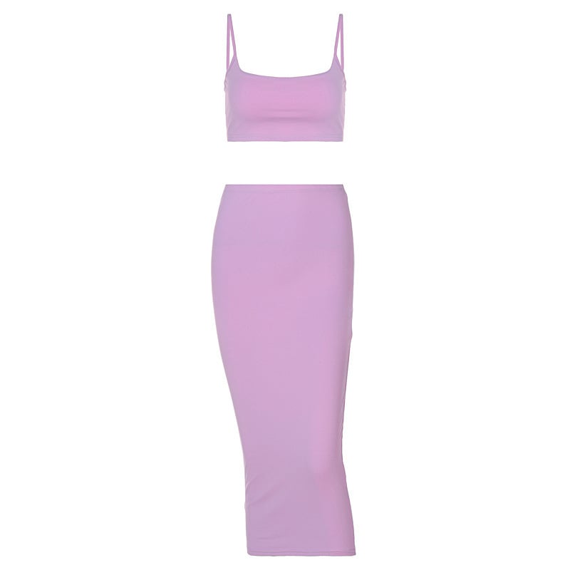 Two-piece Solid Color Sling Midi Skirt Set