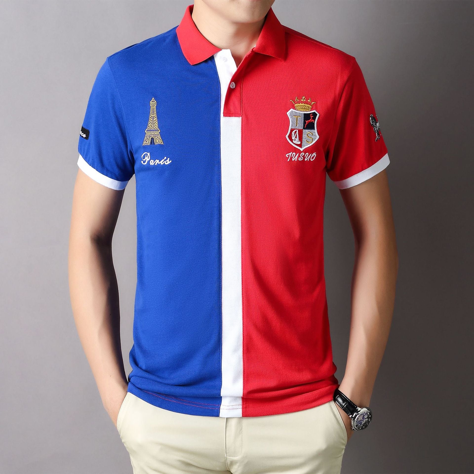 Men's Short Sleeve Polo Shirt with Color Block Embroidery