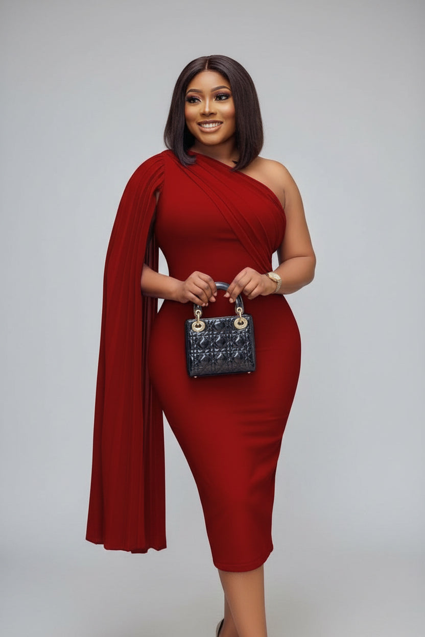 Woman in a red dress holding a blue handbag against a decorative background