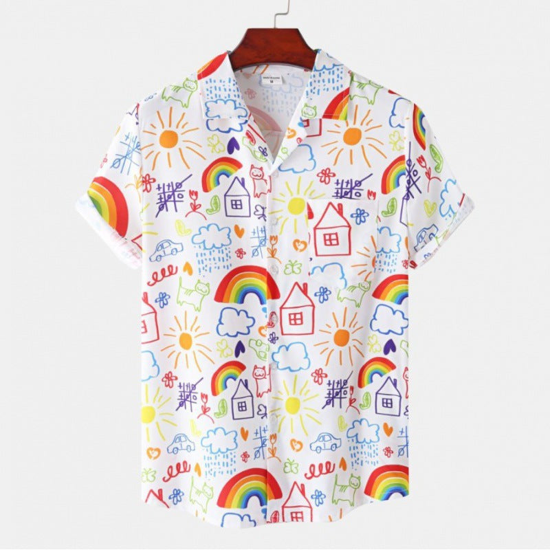 Men's Short Sleeve Hawaiian Print Shirt for Summer