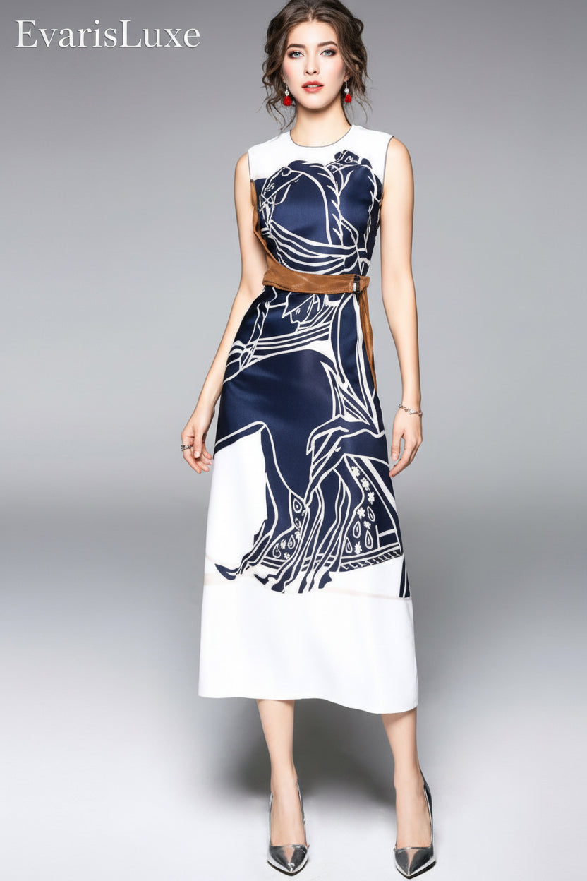 Woman wearing a sleeveless dress with a blue and white pattern on a gray background