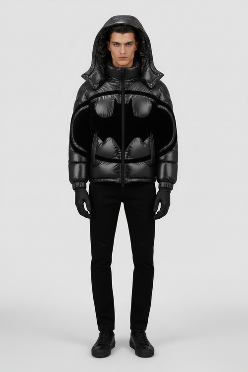 Black puffer jacket with Batman logo design on a light gray background