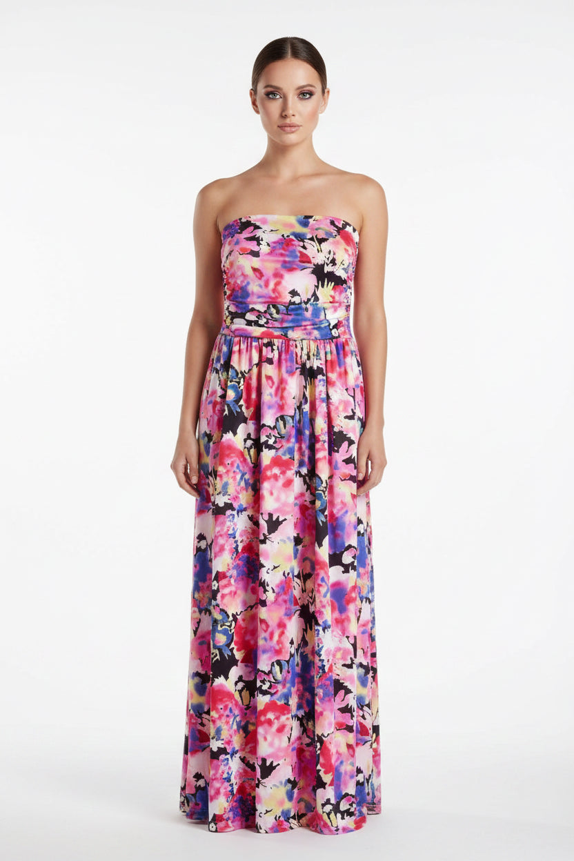Floral strapless dress on a white background