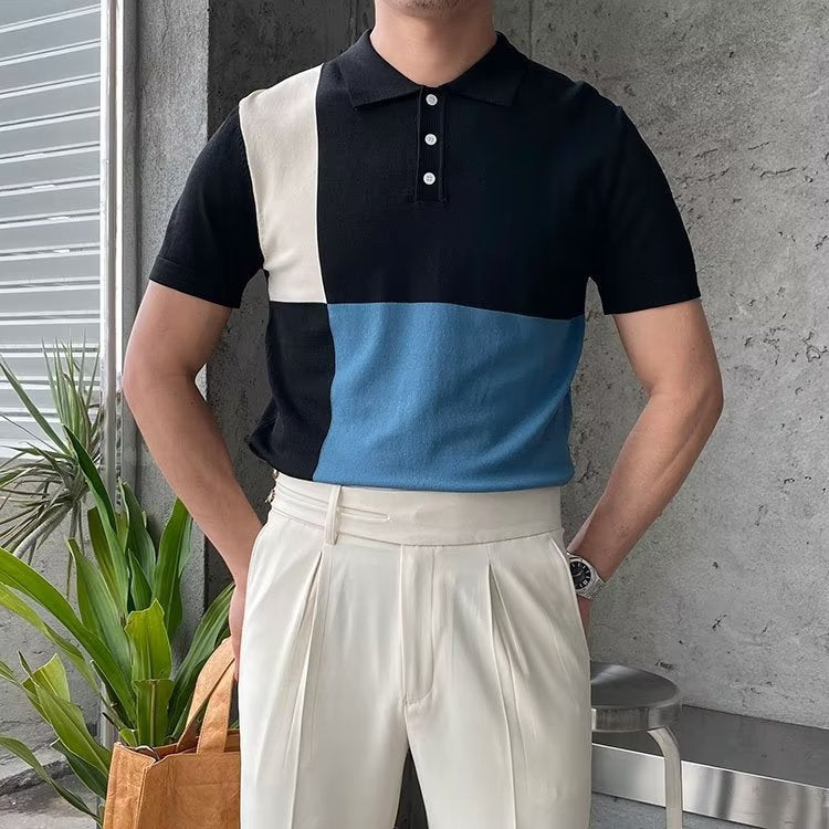 Trendy Color-Block Short Sleeve Polo Shirt for Men 2023