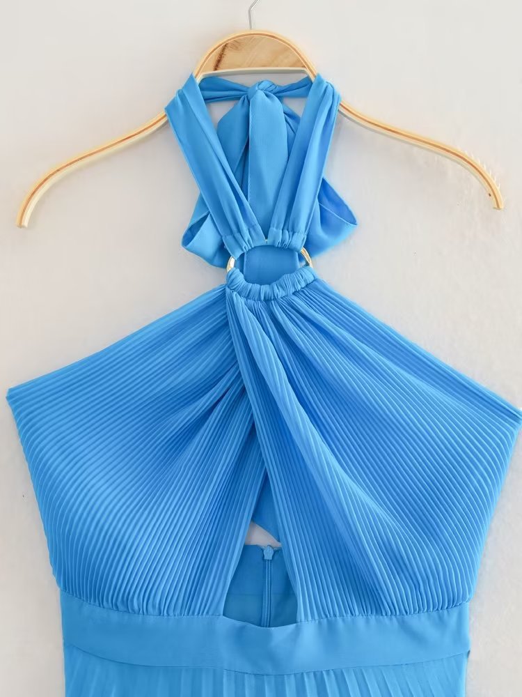 Spring Summer Women's Solid Color Cross Back Dress