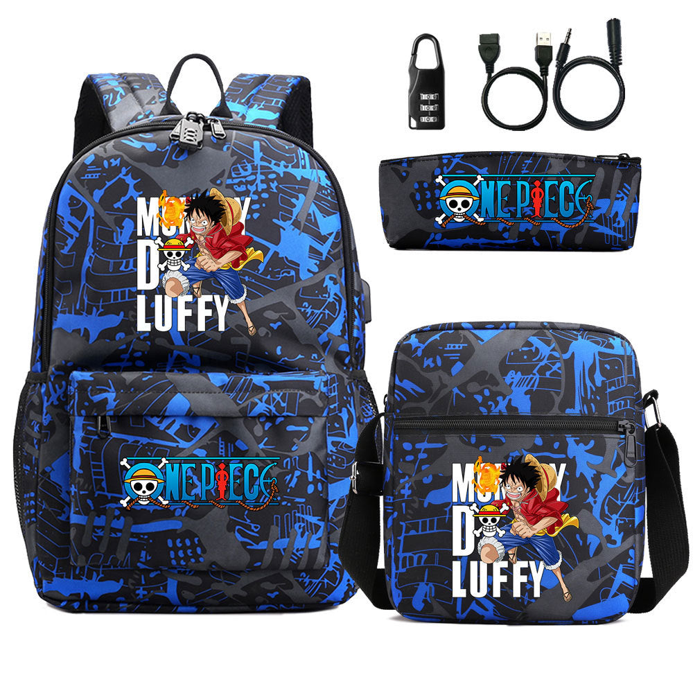 Cartoon One Piece USB Password Lock Backpack Set