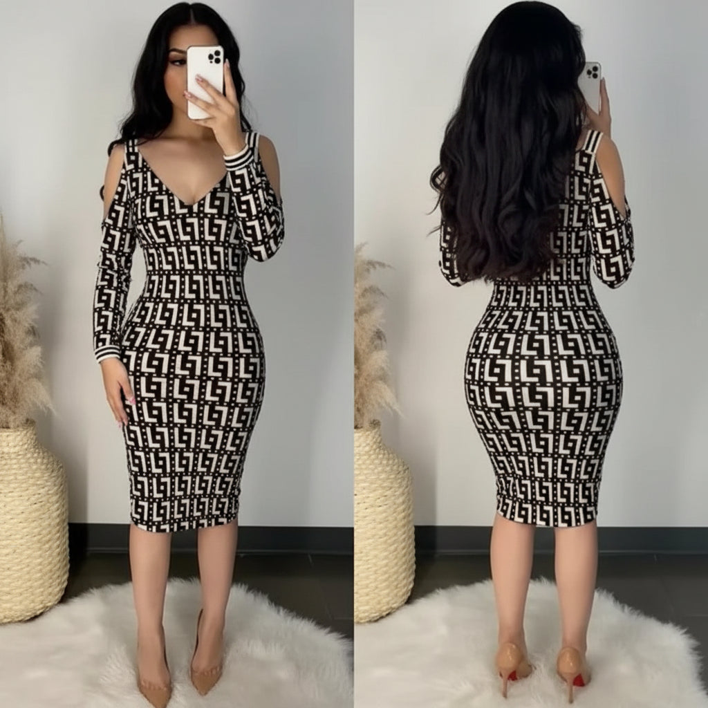Woman wearing a black and white patterned dress in two different poses.