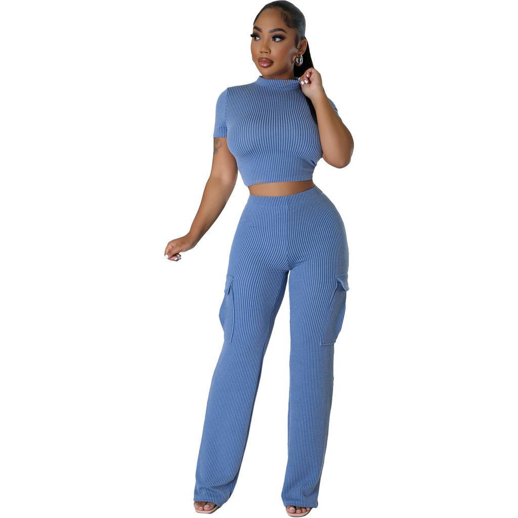 X9469 Fashionable Solid Color Short Sleeve Two-Piece Set