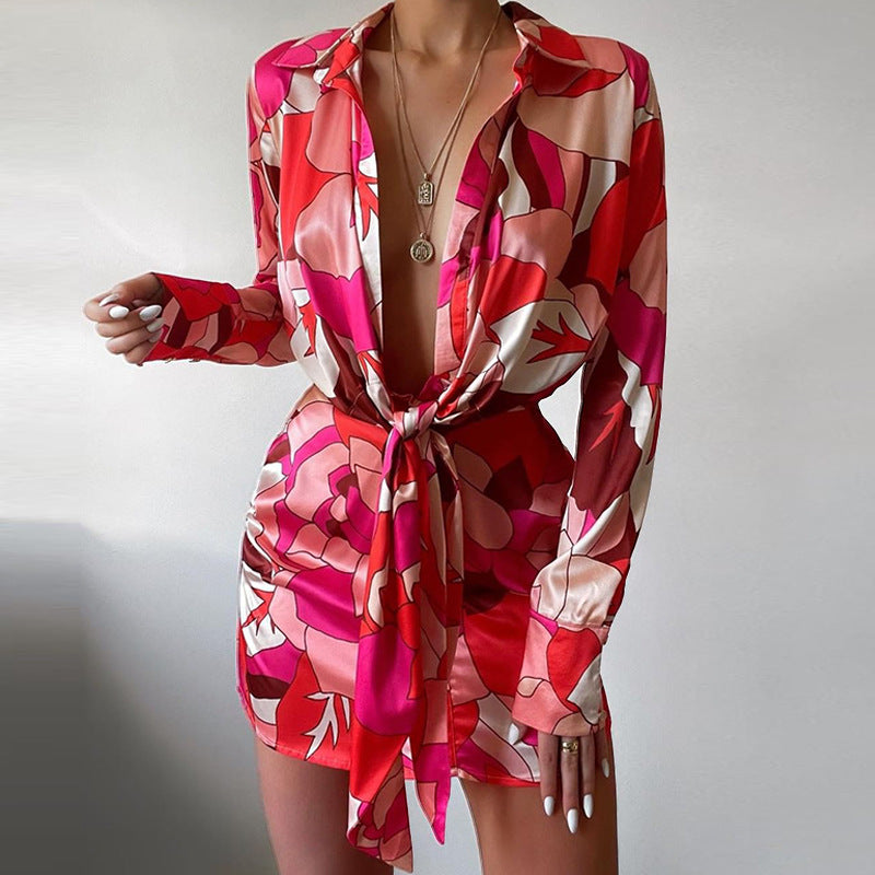 Evarisluxe Lapel Print Long Sleeve Dress
