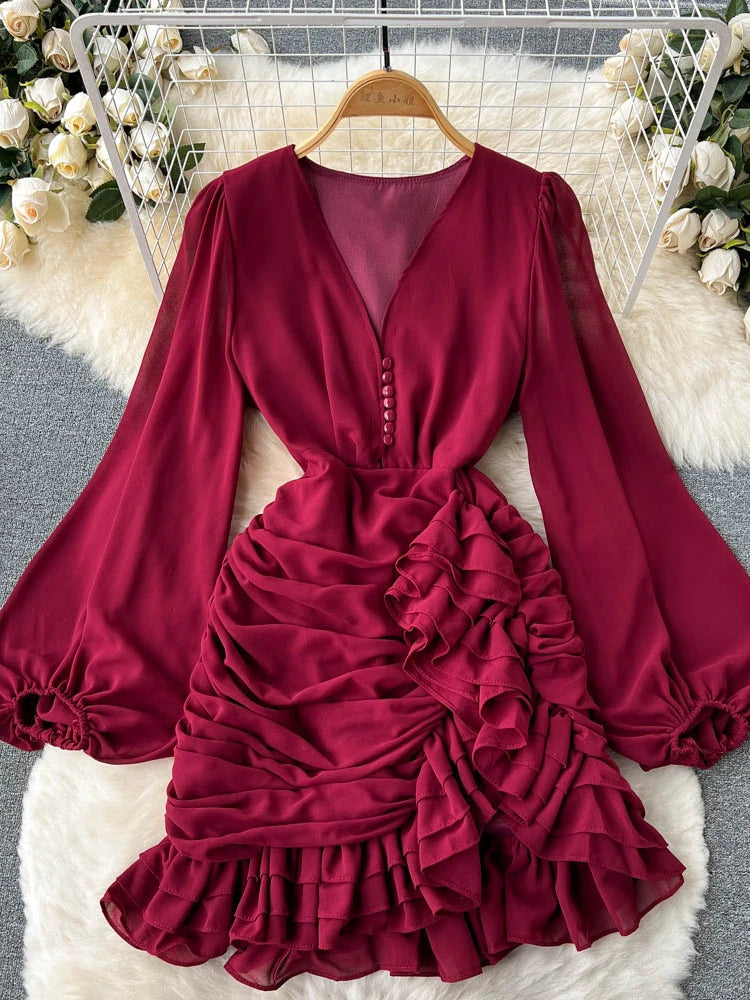 Early Spring V-Neck High-Waist Ruched Dress