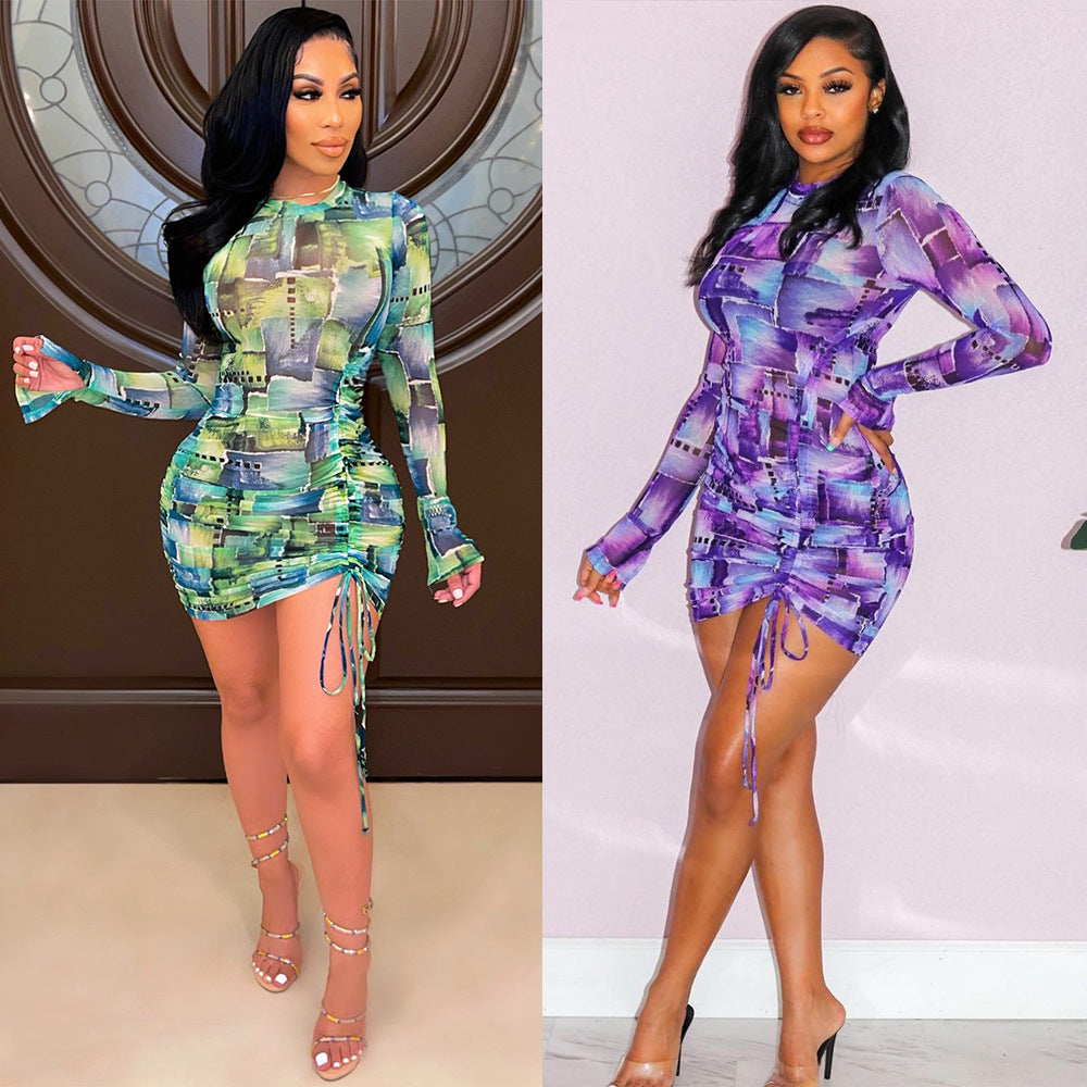 Printed Pleated Long Sleeve Dress for Women
