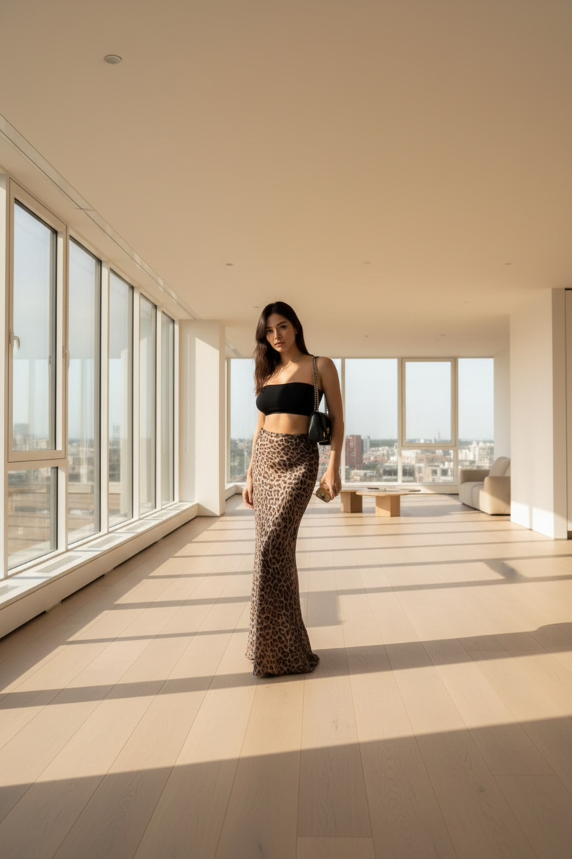 Person wearing a black top and leopard print pants standing against a wall.