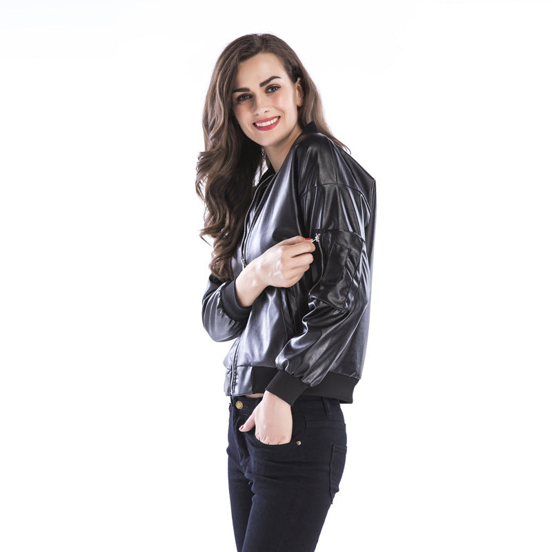 Women's Black Leather Jacket with Stand Collar