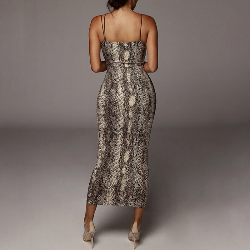 Spring V-Neck Snake Print Midi Dress