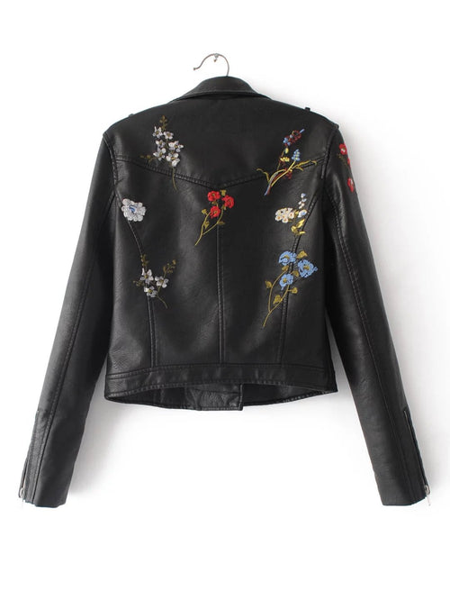 2018 Women's Korean Style Embroidered Leather Jacket