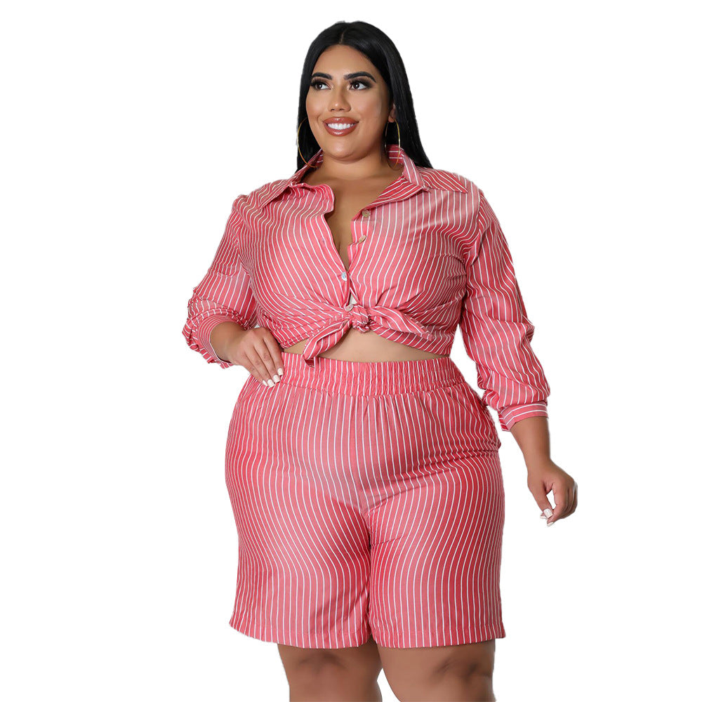 Plus Size Summer Two Piece Set for Women - Striped Shirt