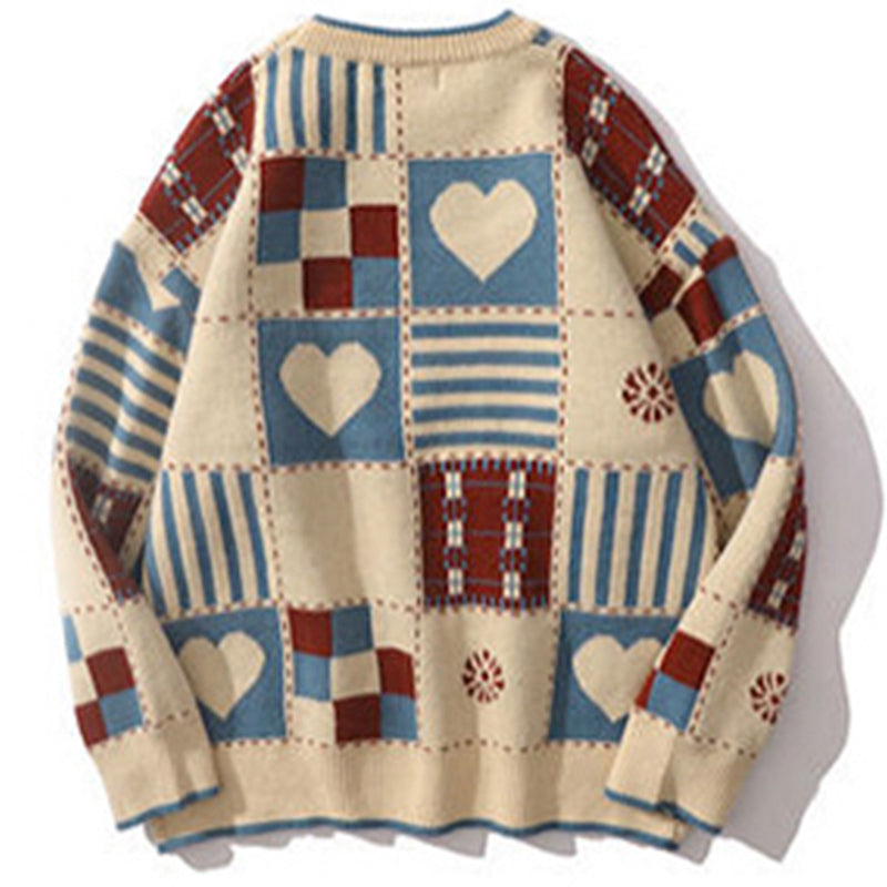 Vintage Hip Hop Love Knitted Cotton Sweater for Men