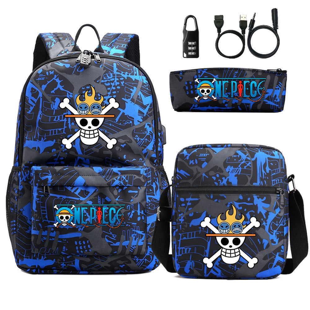 Cartoon One Piece USB Password Lock Backpack Set