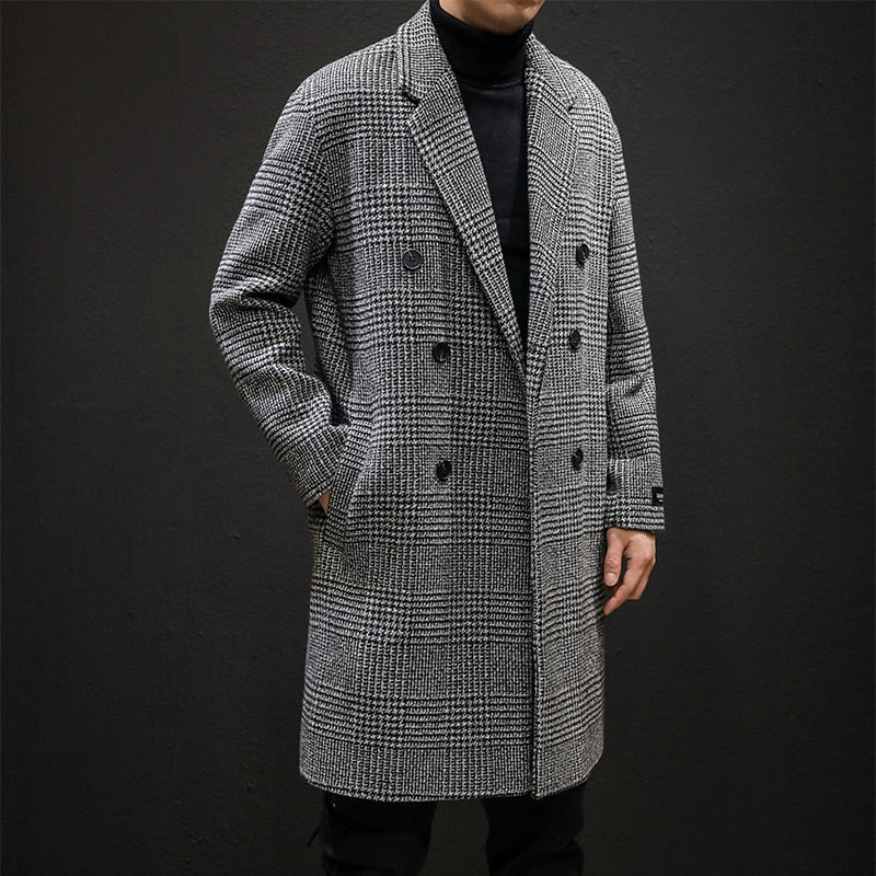 Men's Double-Breasted Plaid Overcoat - Tailored Fit