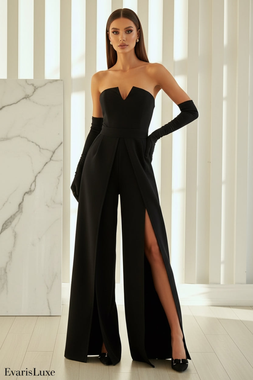 Three images of women wearing strapless jumpsuits in black, white, and red.