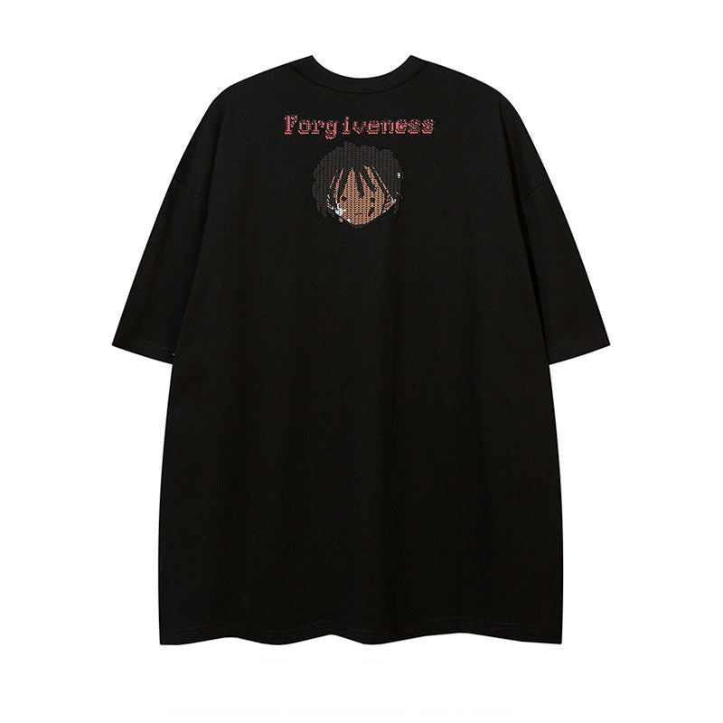 Korean Retro Cartoon Printed Hip Hop T-Shirt for Men