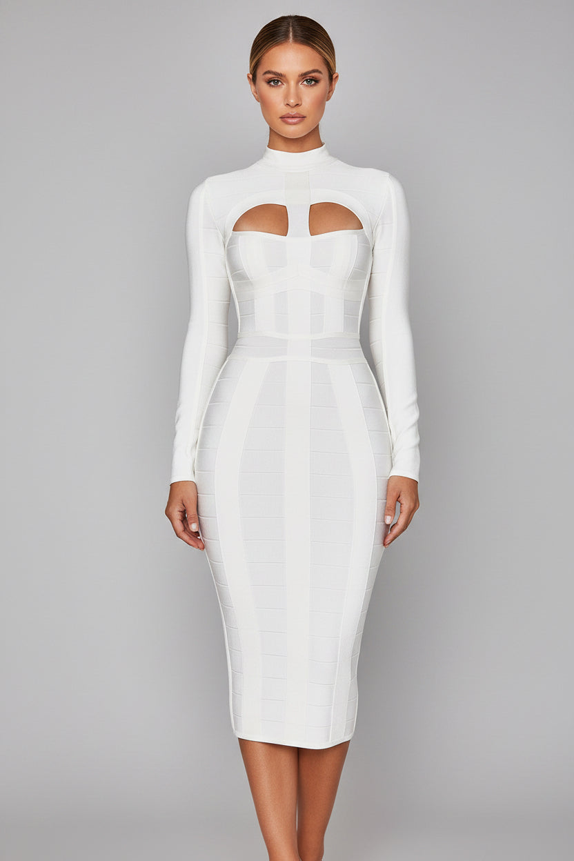 Woman wearing a white dress with cut-out design on a pink background