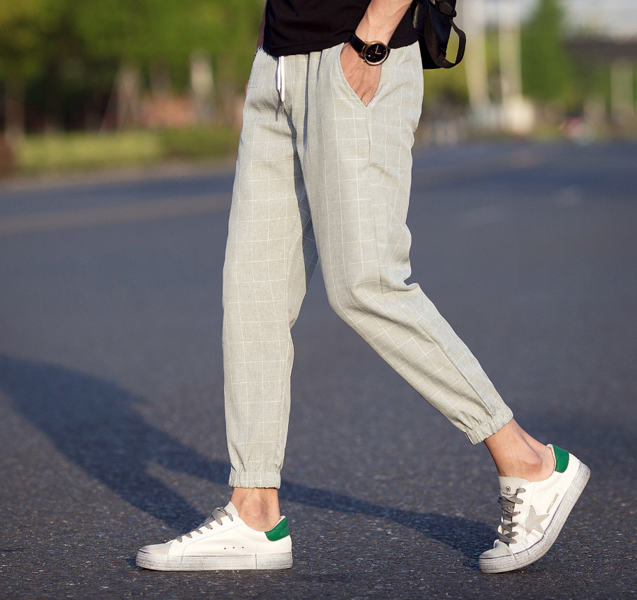 Men's Casual Loose Fit Plaid Linen Ankle Pants