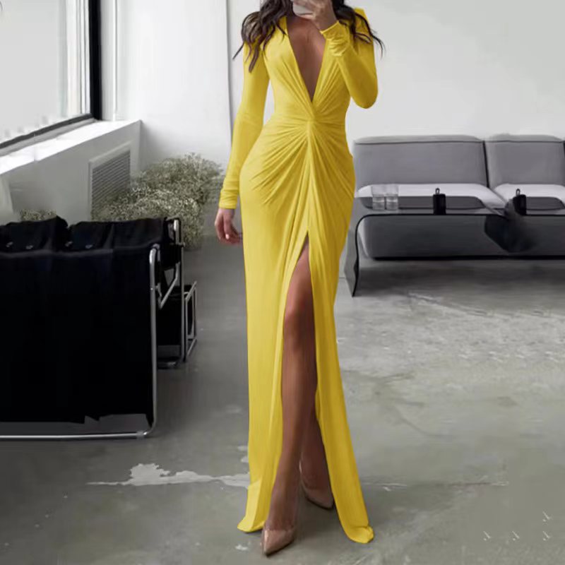 The Plissé Solid Long Sleeve Dress | Evarisluxe